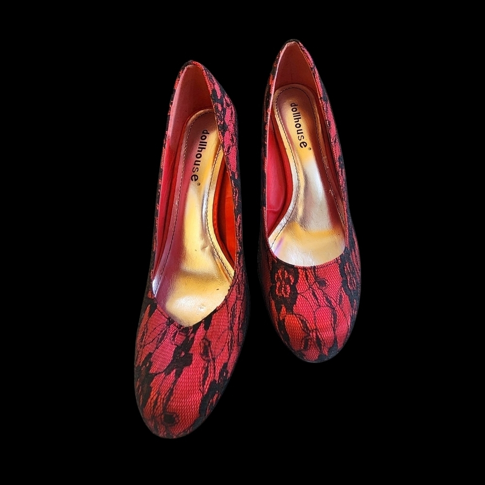 EUC Dollhouse Black and Red Lace Heels